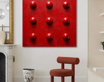 Red 3D Wall Art with Sculpted Spheres, Modern Minimalist Abstract Painting, Bold Textured Square Canvas, Contemporary Statement Home Decor