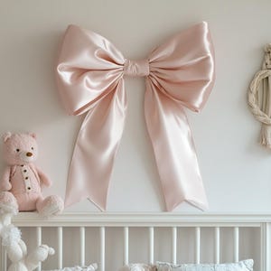 Nursery bow decor Baby bow decor Pink bow nursery Pink satin bow Bow birthday decor Pink bow party decor Bow first birthday Coquette decor
