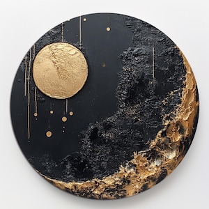 Black & Gold Round painting 3D painting Japandi wall art Rich texture painting Sculpture painting with 3d elements Relief painting Moon art