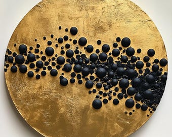 May include: A circular gold-colored canvas with a textured surface. The canvas is decorated with a pattern of black, raised circles of varying sizes.