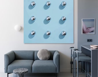 Chrome Bubble Painting • 3D Metallic Wall Art • Minimalist Silver Bubble Decor on Light Blue • Modern Metallic Decor