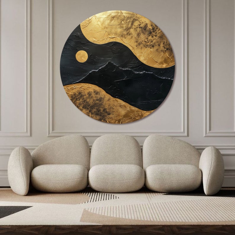Black Gold Circle Painting Wabi Sabi Wall Art Black 3D Textured ...