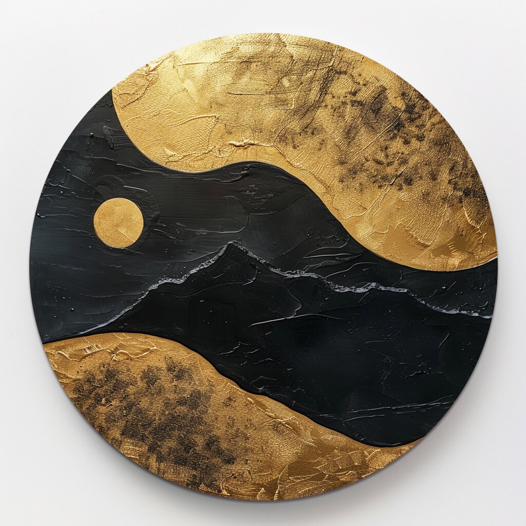 Black Gold Circle Painting Wabi Sabi Wall Art Black 3D Textured ...