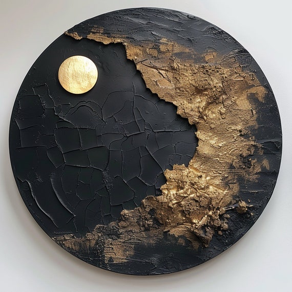 Black textured wall art Moon painting Black Circle art Black Gold abstract art Moon art Circle textured art Round Black art Circle painting