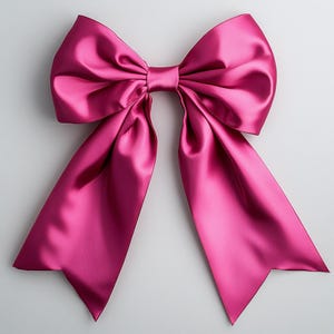 May include: A large, bright pink satin bow with a center loop and long tails.