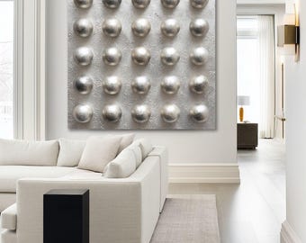 3D Textured Neutral Wall Art with Metallic Silver Spheres, Minimalist Abstract Painting, Modern Luxury Wall Decor, Plaster Texture Artwork