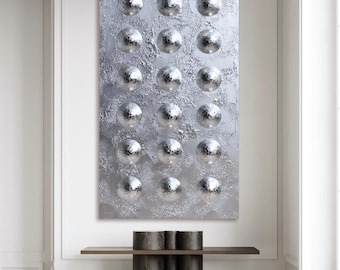 Large 60x30 Inch Silver 3D Wall Art – Metallic Spheres Textured Abstract Painting – Modern Minimalist Horizontal Statement Canvas Decor