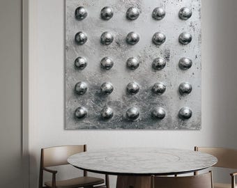 Silver Textured Wall Art with Metallic Spheres, Minimalist Sculptural Abstract Painting, Modern Luxury Interior Decor