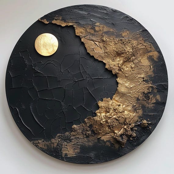 Black textured wall art Moon painting Black Circle art Black Gold abstract art Moon art Circle textured art Round Black art Circle painting