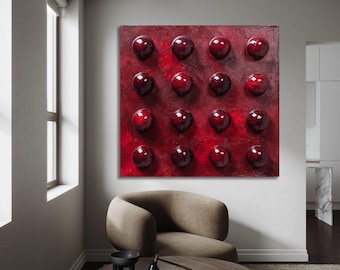 Red 3D Bubble Wall Art, Textured Abstract Sphere Painting, Glossy Deep Crimson Modern Artwork, Statement Contemporary Decor