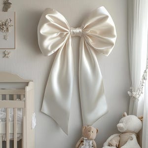 Op de afbeelding: Een grote, witte satijnen strik is aan een muur bevestigd. De strik is in een grote, losse knoop geknoopt en de uiteinden zijn lang en vloeiend. De strik is een decoratief element voor een kinderkamer of babykamer.