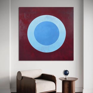 Color Block Art Trendy Wall Art on Canvas Colorful Abstract Circle Painting Blue and Burgundy Red Minimalist Wall Art Modern Geometric Art