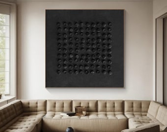 Large Black Textured Wall Art, Minimalist Sculptural Abstract Painting, 3D Sphere Canvas, Modern Matte Black Statement Wall Decor Luxury Art
