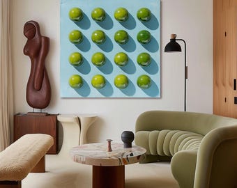Green Bubble Painting • 3D Textured Wall Art • Modern Lime Bubble Decor on Light Blue • Lollipop Art