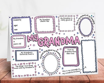 Cute Grandma Birthday card for nana, nanna, nanny granny grandmother . Fill in the blanks at home from grandson or grandaughter
