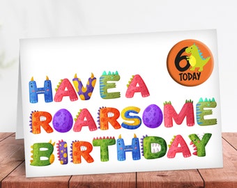 6th Birthday card with badge for Dinosaur loving boy or girl - Magical children's sixth birthday greeting card son grandson nephew cousin