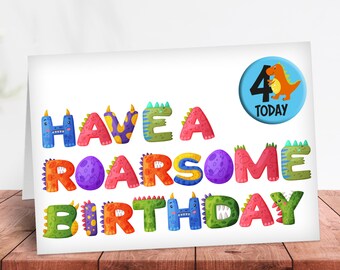 4th Birthday card with badge for Dinosaur loving boy or girl - Magical children's fourth birthday greeting card son grandson nephew cousin