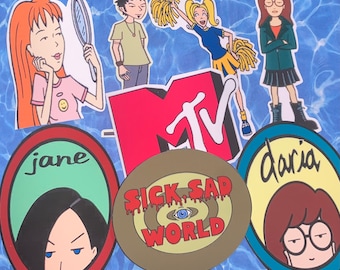 May include: A set of 5 round stickers featuring characters from the animated television series Daria. The stickers feature the characters Jane, Daria, and a MTV logo. The stickers are printed on a white background with a blue and green pattern.