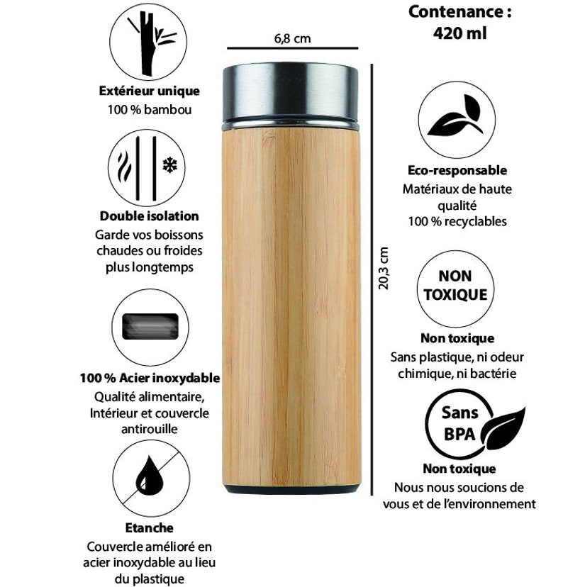 Gourde thermos 420ml personnalisable en bambou et acier inoxydable avec