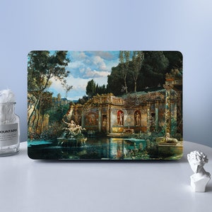 May include: A rectangular laptop skin featuring a detailed classical painting of a lush garden with a central pond, a stone fountain, and ornate architectural ruins. The scene includes sculpted figures, dense green trees, and a blue sky with clouds.