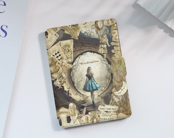 May include: A vintage-style book cover featuring a whimsical illustration of Alice in Wonderland. The cover features a clock, playing cards, a rabbit hole, and the quote "We're all mad here."