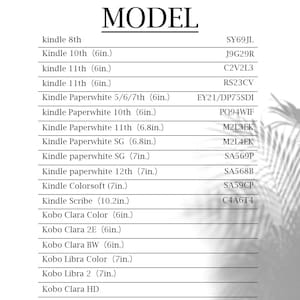 May include: A chart listing different e-reader models and their corresponding model numbers. The models include Kindle 8th, Kindle 10th (6in.), Kindle 11th (6in.), Kindle Paperwhite 5/6/7th (6in.), Kindle Paperwhite 10th (6in.), Kindle Paperwhite 11th (6.8in.), Kindle Paperwhite SG (6.8in.), Kindle paperwhite SG (7in.), Kindle paperwhite 12th (7in.), Kindle Colorsoft (7in.), Kindle Scribe (10.2in.), Kobo Clara Color (6in.), Kobo Clara 2E (6in.), Kobo Clara BW (6in.), Kobo Libra Color (7in.), Kobo Libra 2 (7in.), and Kobo Clara HD.