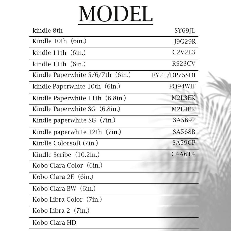 May include: A chart listing different e-reader models and their corresponding model numbers. The models include Kindle 8th, Kindle 10th (6in.), Kindle 11th (6in.), Kindle Paperwhite 5/6/7th (6in.), Kindle Paperwhite 10th (6in.), Kindle Paperwhite 11th (6.8in.), Kindle Paperwhite SG (6.8in.), Kindle paperwhite SG (7in.), Kindle paperwhite 12th (7in.), Kindle Colorsoft (7in.), Kindle Scribe (10.2in.), Kobo Clara Color (6in.), Kobo Clara 2E (6in.), Kobo Clara BW (6in.), Kobo Libra Color (7in.), Kobo Libra 2 (7in.), and Kobo Clara HD.