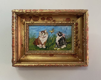 Tableau miniature 20's "Les chats et le papillon"