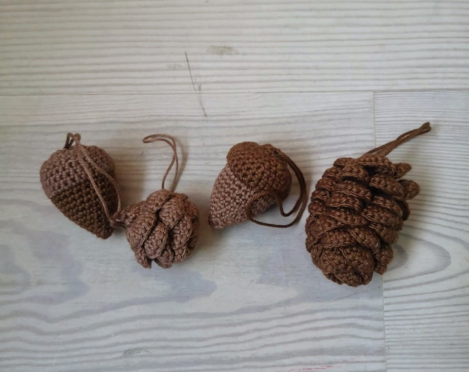 crocheted christmas decoration, pine cones, holiday tree decor