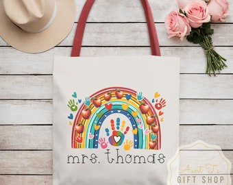 Greige Gepersonaliseerde Leraar Tote Bag, Leraar Waardering Cadeau, Herbruikbaar Eindejaarscadeau voor schooldirecteur of kinderopvangaanbieder