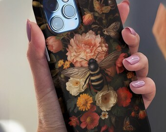 Dark Floral Academia MagSafe Phone Case, Dark Cottagecore Aesthetic Bumble Bee iPhone 13 14, 15