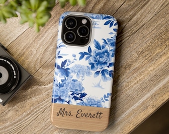 Personalized Floral MagSafe iPhone Case - Protection with Style, Blue Floral iPhone 13 14 15 Plus Pro Max Case