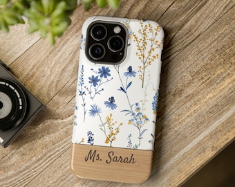 Personalized Floral MagSafe iPhone Case - Protection with Style, Blue Wildflowers iPhone 13 14 15 Plus Pro Max Case