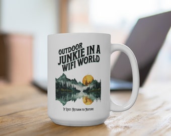 Outdoor Junkie 15oz Ceramic Mug, Gift Mug For Outdoorsy Best Friend, Watercolor Art Mountain Landscape Mug, Unique Nature Lovers Gift