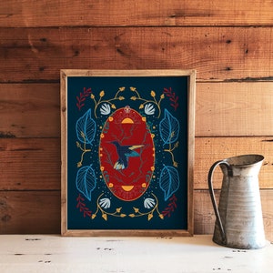 Hummingbird Art Print, Scandinavian Art, Folk Art Print