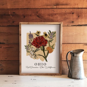 Ohio State Flower Art Print, Red Carnation & Ohio Wildflowers