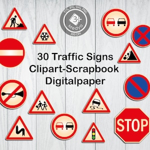 30 の交通標識のクリップアート。道路標識バンドルのデジタルペーパー。交通標識の SVG、PNG、EPS、および JPEG ファイル。道路規則、スクラップブック、カット ファイル。