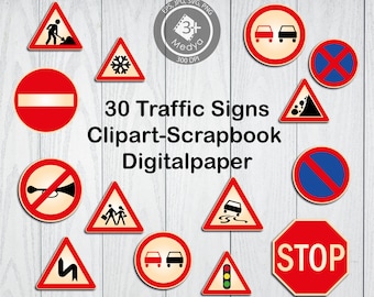 30 Traffic sign clipart. Road signs bundle digitalpaper. Traffic signage svg, png, eps and jpeg  files. Road Rules, Scrapbook & cut files.