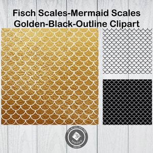 Fish scales clipart. Golden Mermaid scales Clipart. Black & outline fish scales cut file. Seamless Mermaid Scale pattern. Scrapbook cricut