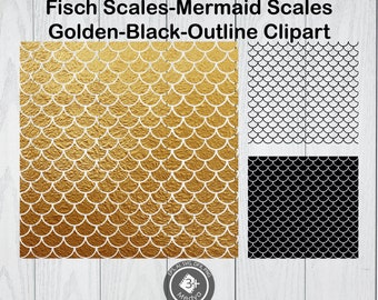 Fish scales clipart. Golden Mermaid scales Clipart. Black & outline fish scales cut file. Seamless Mermaid Scale pattern. Scrapbook cricut