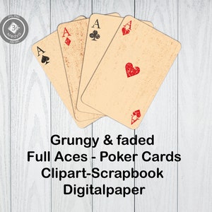 Full Aces. Grungy and faded 4 aces clipart. Poker aces bundle digitalpaper. Gambling cards png and jpeg  files. Scrapbook & cut files.