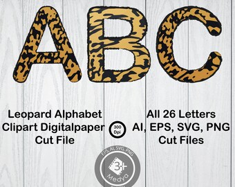 Archivos prediseñados del alfabeto de patrón A-Z Leopard. Los 26 caracteres de letras en mayúsculas. Alfabeto garabato transparente. 300 Dpi Alta resulación.