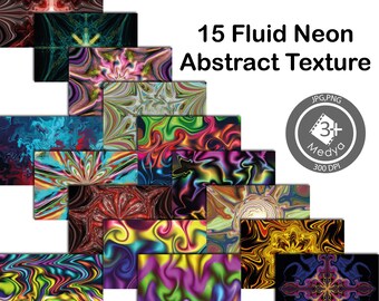 15 fließende abstrakte Texturen. Mehrfarbige Neon-Effekt-Hintergründe und Texturen. Abstrakte flüssige gemalte Muster & Tapeten. 300 Dpi.