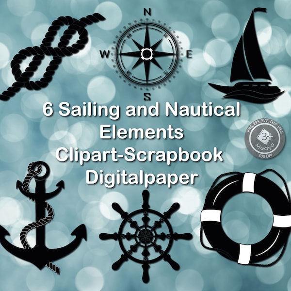 Sailing elements Clipart. Nautical symbols Silhouette digitalpaper. Instant digital download. Scrapbook Cut files High resulation 300dpi.