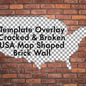 Cracked and broken wall overlays. Red and white Brick wall overlay with USA map shaped for your own creative wallpaper photos. Digital paper
