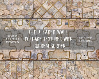 Old & faded wall collage with golden border textures and background. Grungy and cracked walls collage texture and backdrops pack. High res.