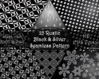 25 Black and Silver seamless pattern and Digital Papers. Various motives and foil effect. Scrapbooking paper for backgrounds and textures