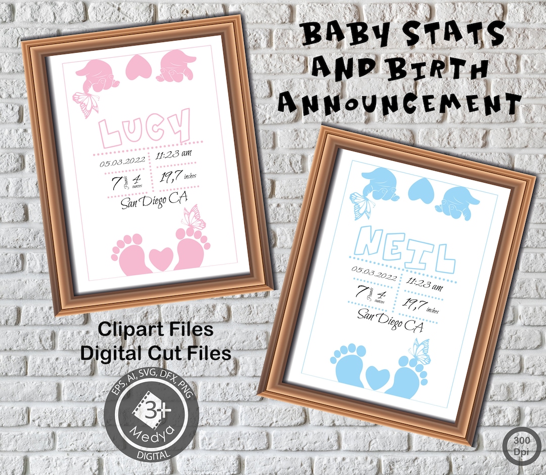 Baby Stats & Birth Announcement Clipart. Newborn Girl and Boy Foots and ...