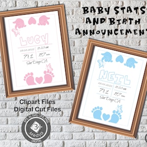Baby stats & Birth Announcement Clipart.  Newborn girl and boy foots and Baby stats template digitalpaper. Scrapbook, cut files  300dpi