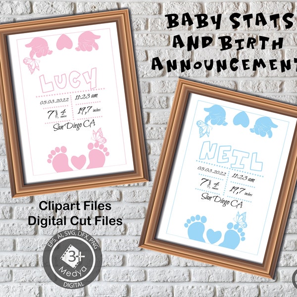 Baby stats & Birth Announcement Clipart.  Newborn girl and boy foots and Baby stats template digitalpaper. Scrapbook, cut files  300dpi